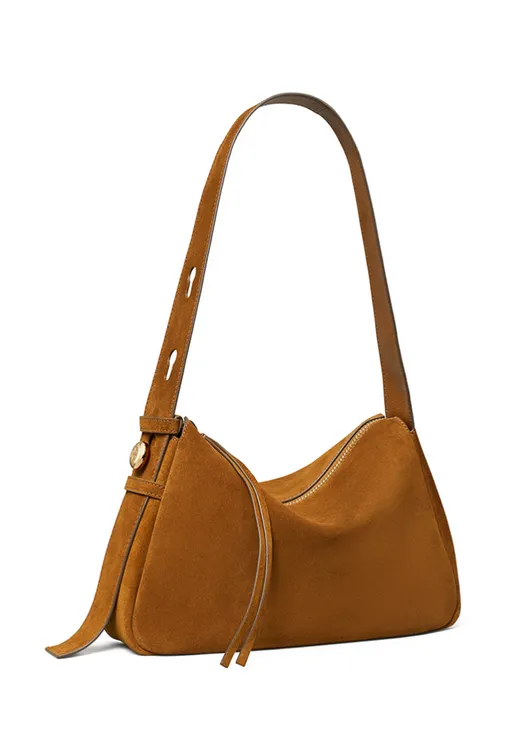 Romy Suede Small Shoulder Bag, Caramel