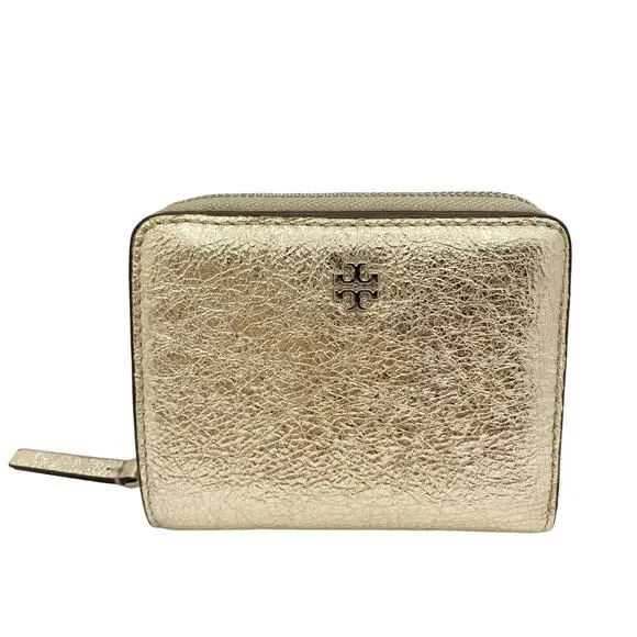 Tory Burch Emerson Metallic Mini Wallet, White Gold